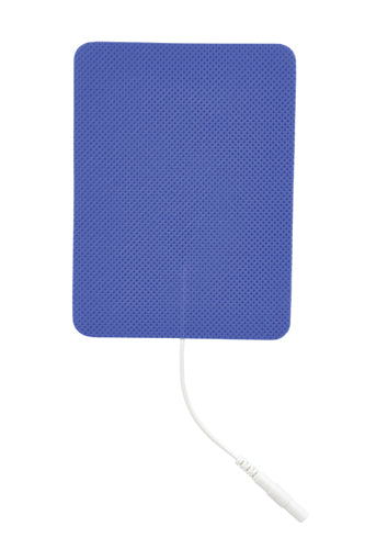 Rectangular blue electrode pad with textured surface and attached white connector cable on white background