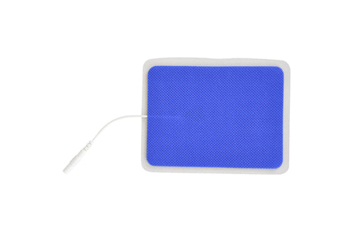Blue rectangular electrode pad with mesh-textured surface and white connector cable on plain white background