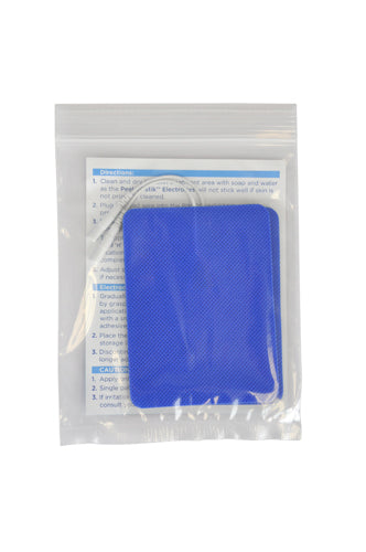 Blue rectangular electrode pad with textured surface sealed inside a clear plastic resealable bag with instructions.