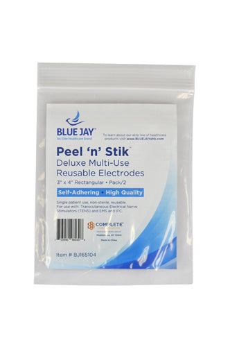 Clear resealable bag containing Blue Jay branded reusable adhesive electrodes for pain relief therapy, rectangular shape