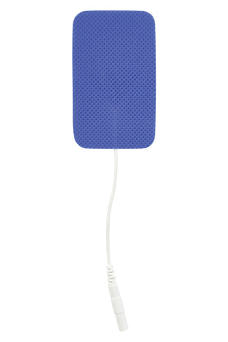 Single blue rectangular adhesive electrode with textured surface and attached white connector wire on white background