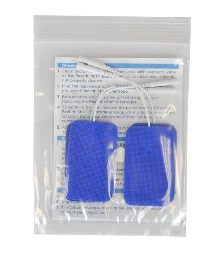 Two blue rectangular reusable electrode pads inside transparent resealable plastic bag with white attached wires