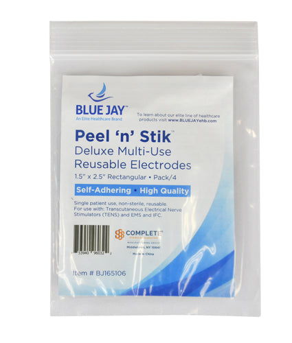 Clear resealable plastic bag containing Blue Jay Peel ‘n’ Stik reusable rectangular electrode pads with product label visible