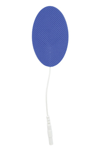 Oval-shaped blue electrode pad with textured surface and attached white connector cable on white background