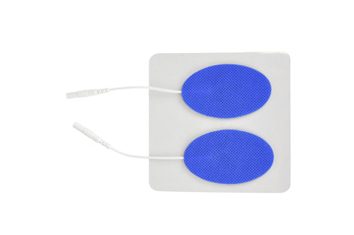 Pair of blue oval electrode pads with textured surfaces connected by white wires on a plain white background