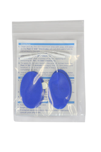 Pair of blue oval adhesive pads with textured surfaces connected by thin white wires inside clear resealable plastic bag