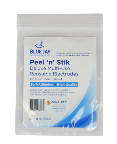 Clear resealable bag containing Blue Jay branded multi-use self-adhesive oval electrodes for TENS therapy