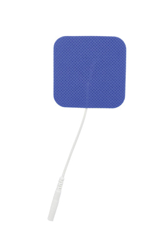 Single square blue adhesive electrode pad with textured surface and attached white connector cable on white background