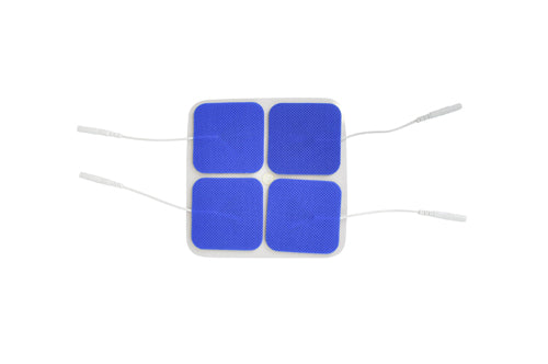 Four blue square reusable electrode pads with white connector cables arranged on white background