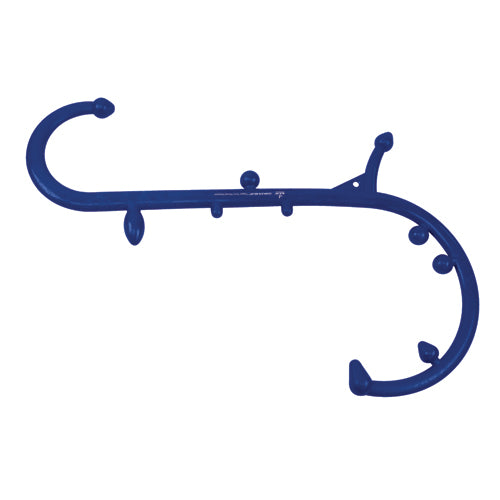Curved navy blue plastic massage tool with multiple rounded knobs against plain white background