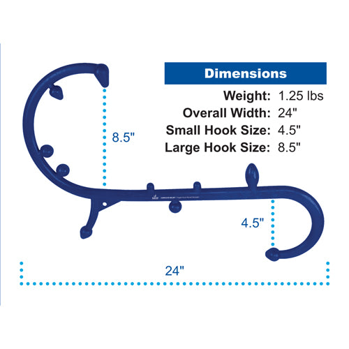 Blue curved massage tool with multiple rounded knobs and size measurements on white background