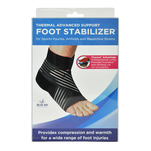 Packaging showing black foot stabilizer with elastic straps worn on foot for support and warmth on white background