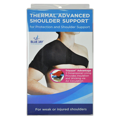 Packaging of black shoulder support wrap designed for weak or injured shoulders with thermal insulation features