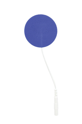 Round blue reusable electrode pad with textured surface and attached white connector cable on white background