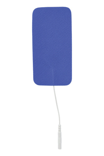 Single blue rectangular reusable electrode pad with textured surface and attached white connector cable on white background