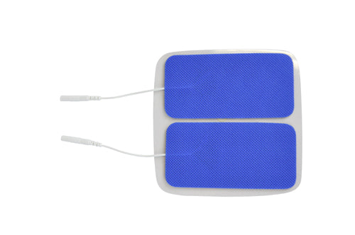 Two rectangular blue reusable electrode pads with white connector wires on white background