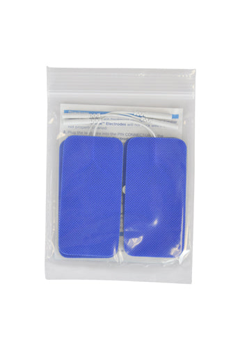 Two blue rectangular reusable electrode pads inside clear resealable plastic pouch with attached white connector cables