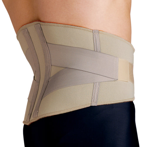Side view of beige lumbar support belt with adjustable elastic straps worn around waist over black clothing
