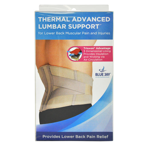 Packaging showing beige lumbar support brace with adjustable straps worn on lower back over black pants