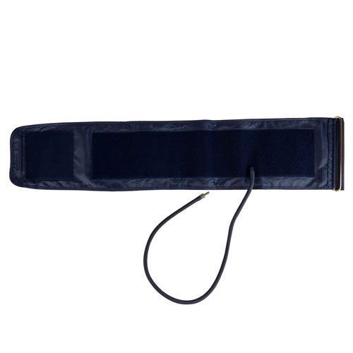 Long navy blue adjustable fabric strap with attached black cable and velcro fastener on white background