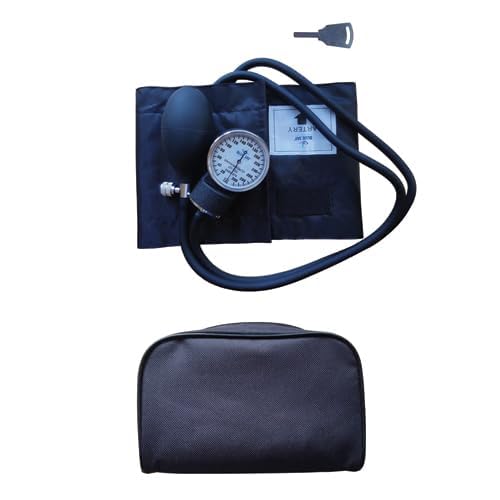 Manual blood pressure cuff with inflation bulb, pressure gauge, and black carrying case on white background