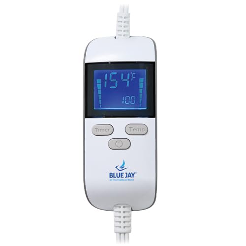 Heating Pad, 12"x24", Washable 6 Heat & 6 Timer Settings digital remote controller with LCD display showing 154°F temperature.