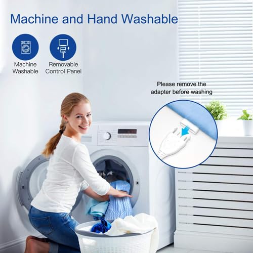 Heating Pad 12x24 washable with removable control panel shown being loaded into washing machine by woman.