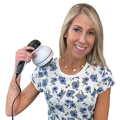Woman using Complete Relief Handheld Corded Massager by Blue Jay on shoulder for muscle relaxation and pain relief.