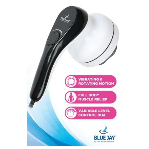 Complete Relief Handheld Corded Massager by Blue Jay with vibrating, rotating motion and variable control dial for muscle relief.