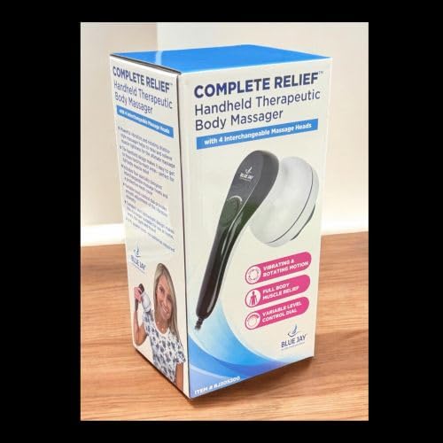 Complete Relief Handheld Corded Massager by Blue Jay with vibrating shiatsu-style and interchangeable massage heads.