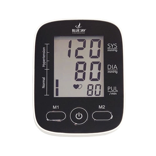 Digital blood pressure monitor showing systolic 120, diastolic 80, and pulse rate 80 on black display panel