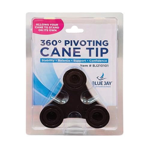 Black three-point cane tip with 360-degree swivel designed for enhanced balance and stability in clear packaging