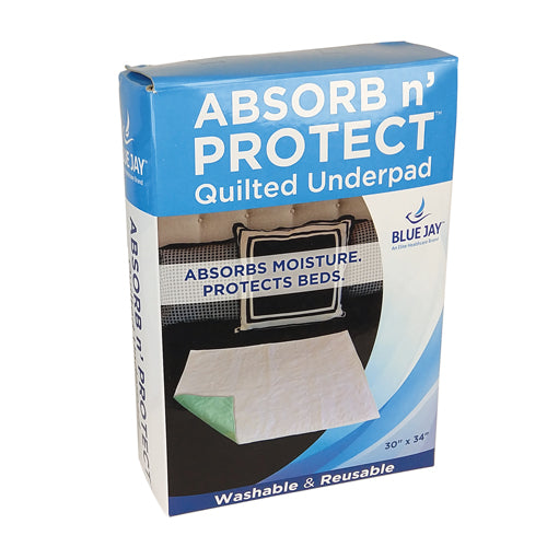 Blue and white packaging for quilted washable underpad with moisture absorption and bed protection features