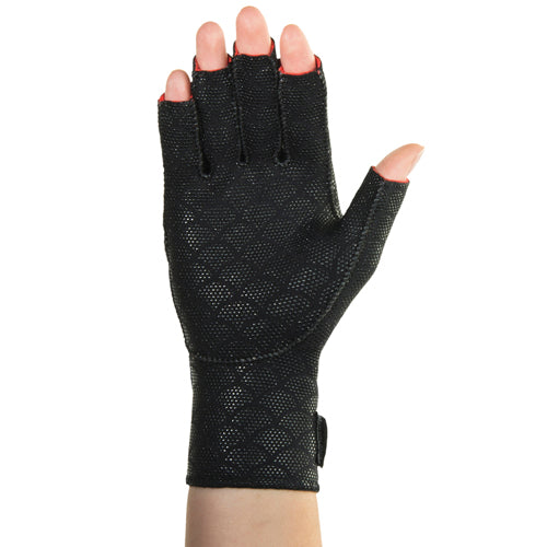 Left hand wearing black fingerless glove with textured breathable fabric and wrist support strap on white background