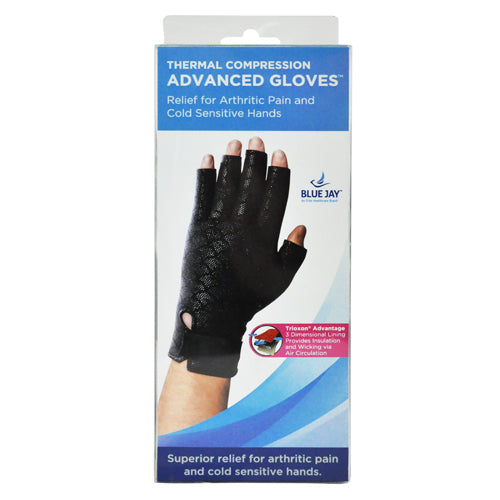 Hand wearing black fingerless thermal compression glove with textured grip on light blue and white packaging background