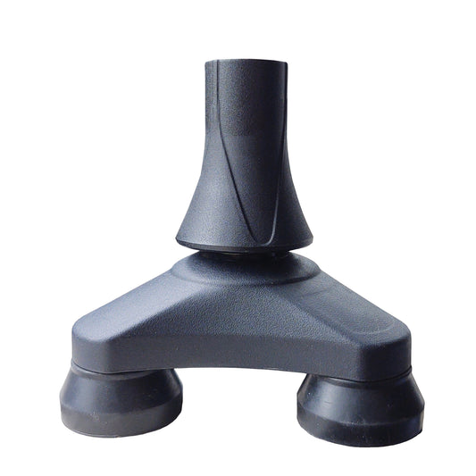 Black plastic tripod-style cane tip with three legs and rubber bottoms on a white background